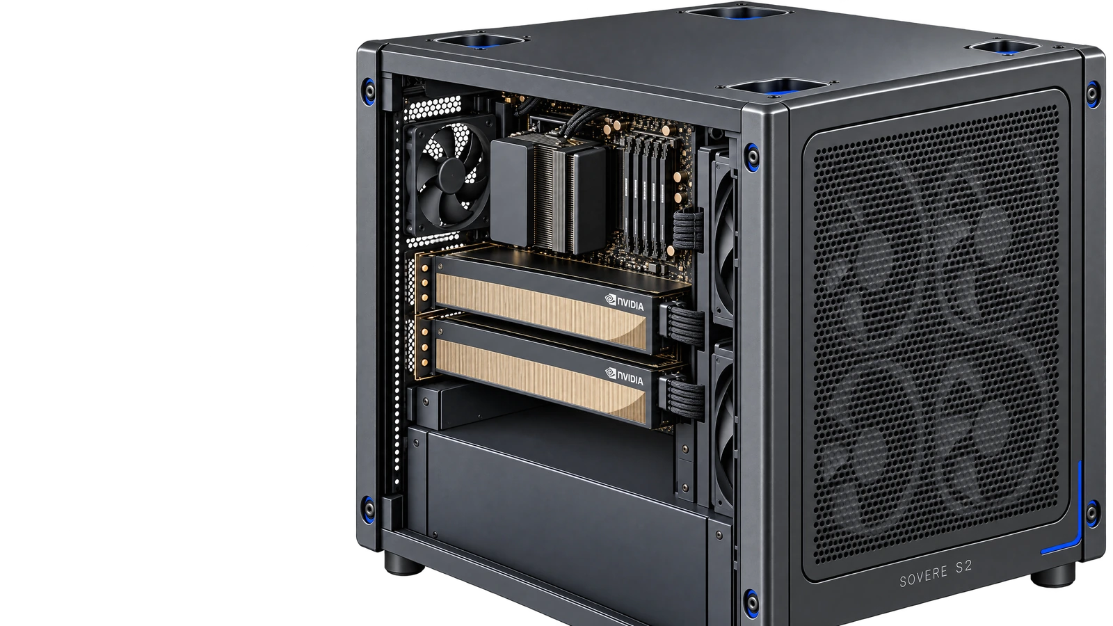 Close-up of the two NVIDIA GPUs and precision metal cooling fins inside Sovere S2