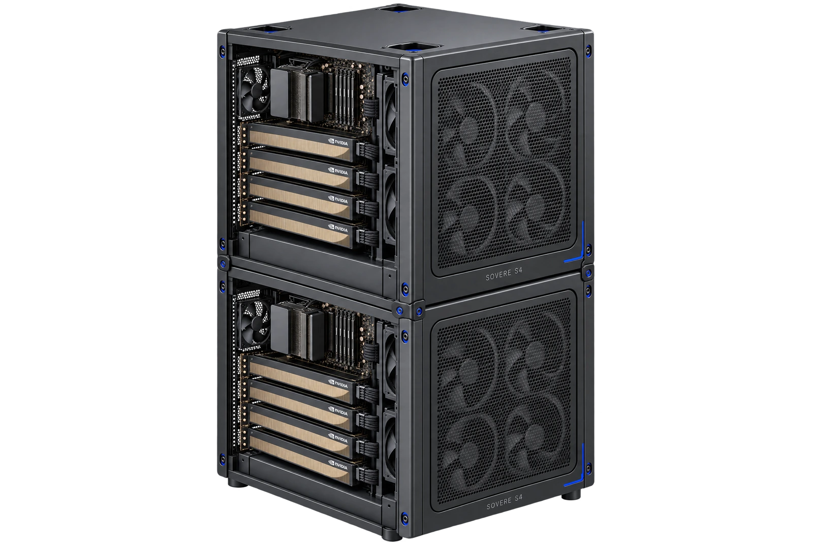 Two Sovere S4 cubes joined by corner docking latches, with four NVIDIA GPUs visible inside each open module