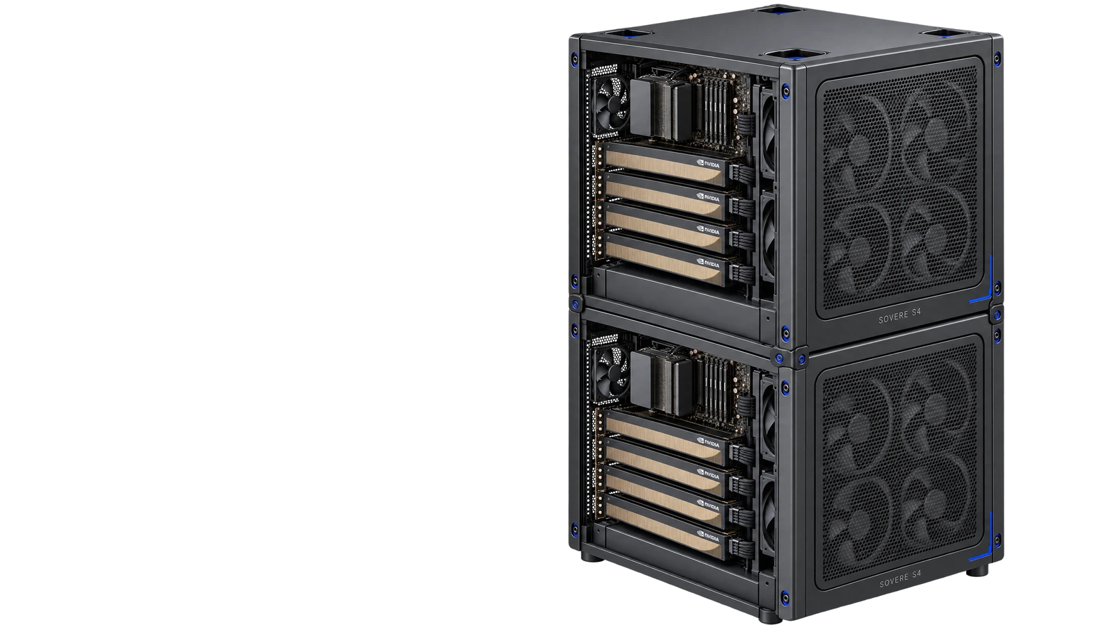 Two Sovere S4 cubes docked vertically with corner latches, each showing four NVIDIA GPUs through its open side