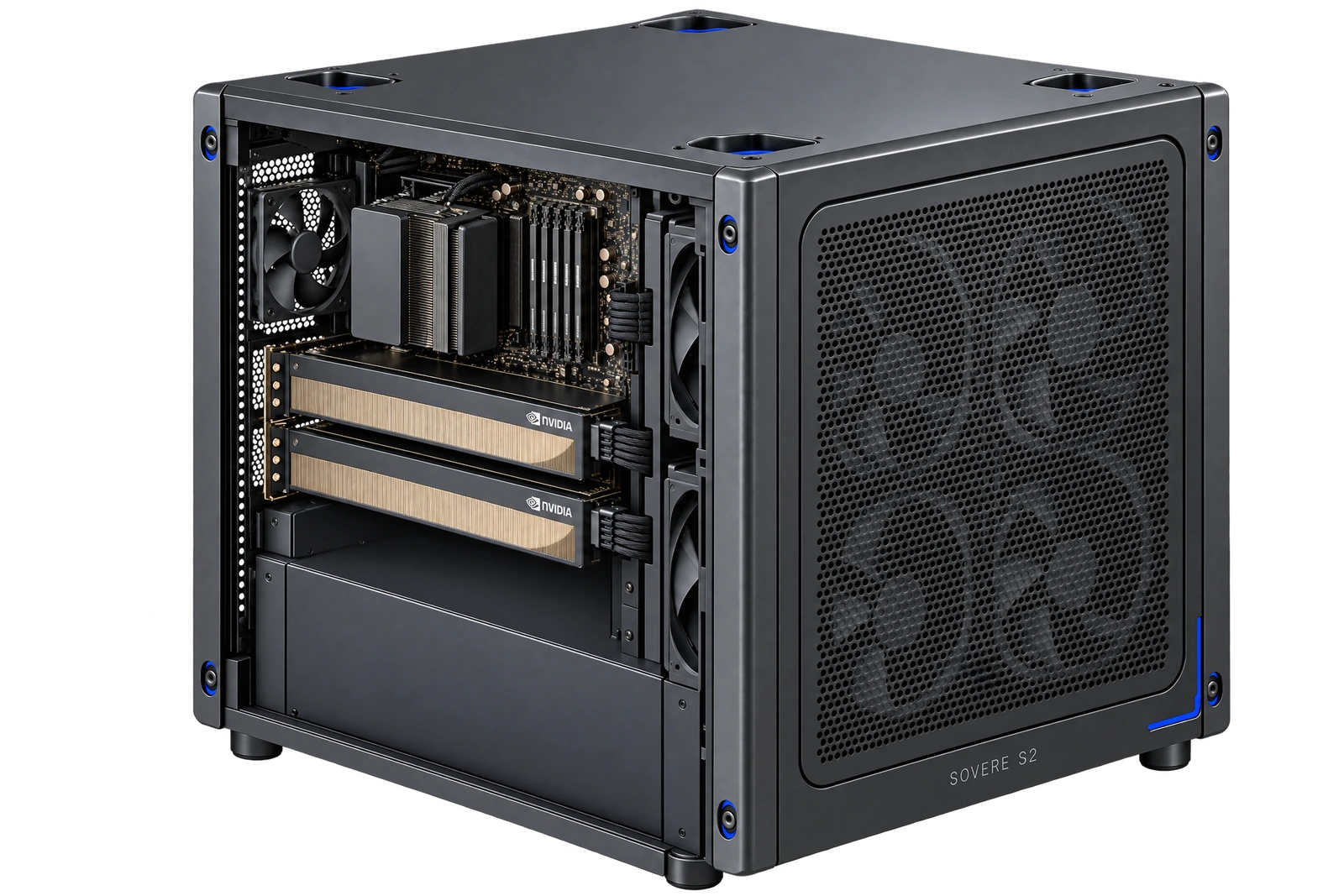 Sovere S2 open black aluminum cube with two NVIDIA GPUs and blue front trim