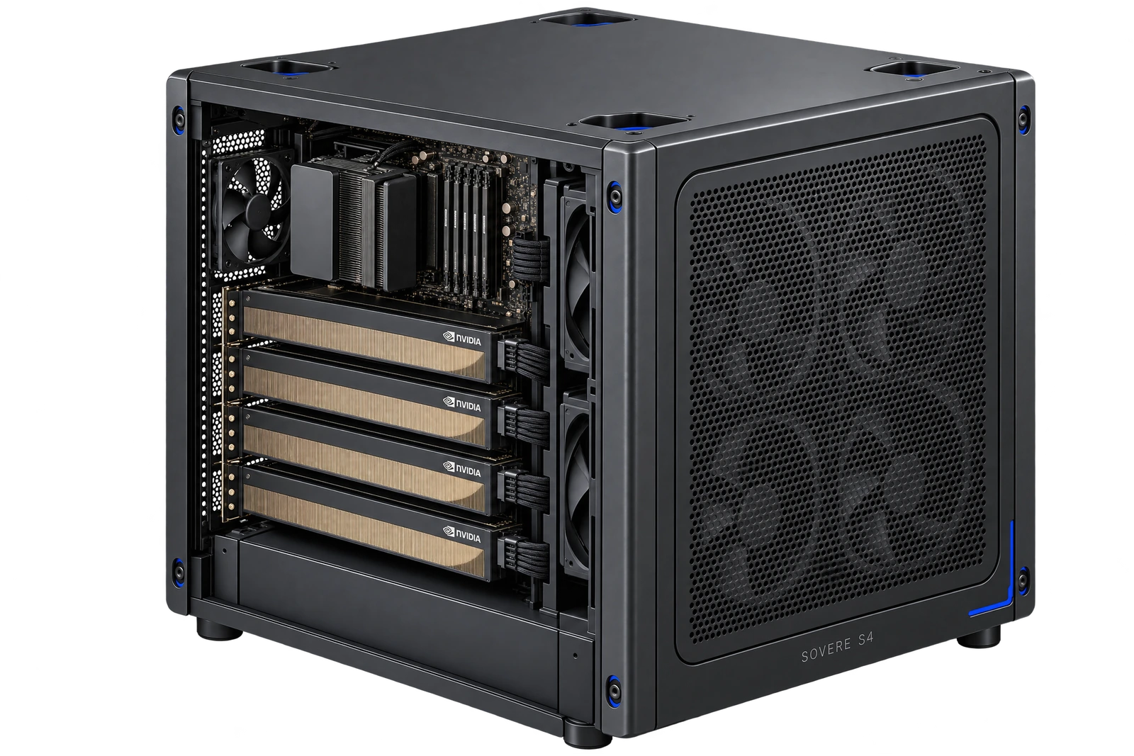 Sovere S4 open black aluminum cube with four NVIDIA GPUs and blue front trim